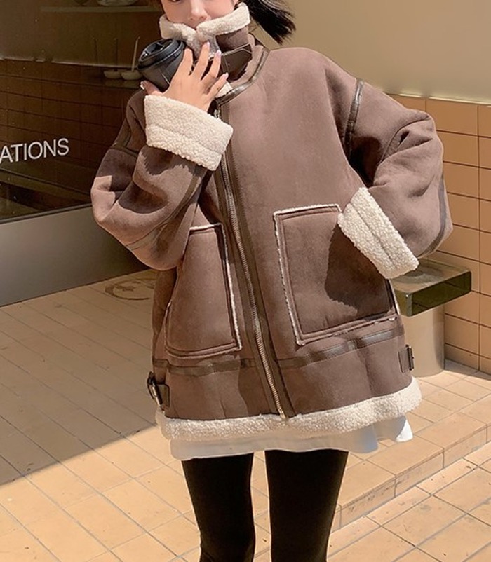 여성 겨울 포켓 포인트 부드러운 하이넥 여자 무스탕, 캐쥬얼 코트