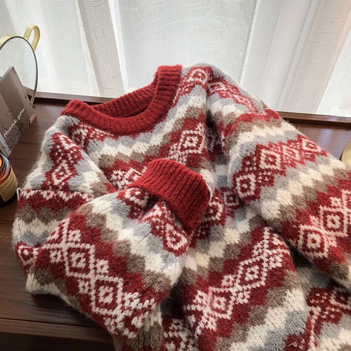 크리스마스 루즈핏 풀오버 두꺼운 체크격자 레트로 빈티지 니트 스웨터