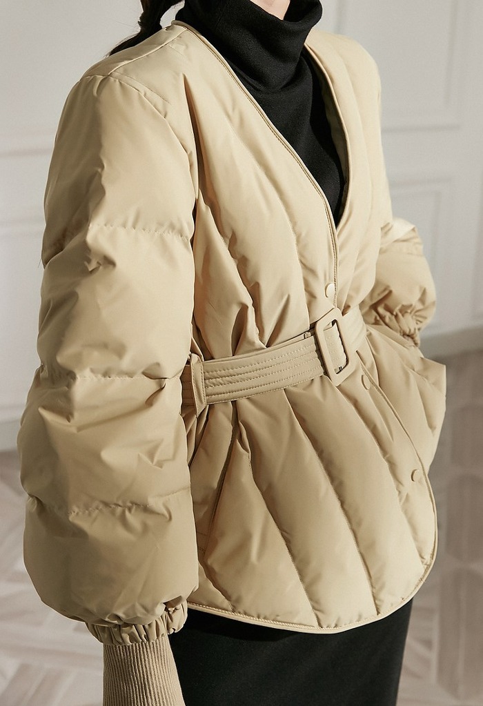 정장, 캐쥬얼, 페미닌st 잘 어울리는 허리 스트랩 소매 시보리 고급스러운 누빔 다운 재킷
